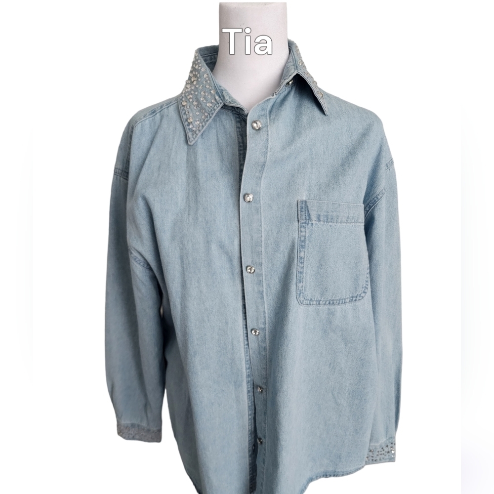 Tia Light Wash Denim Top Embellished Blue Size L